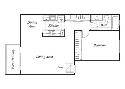 Floor plan for 1 bed, 1 bath, 664 sqft